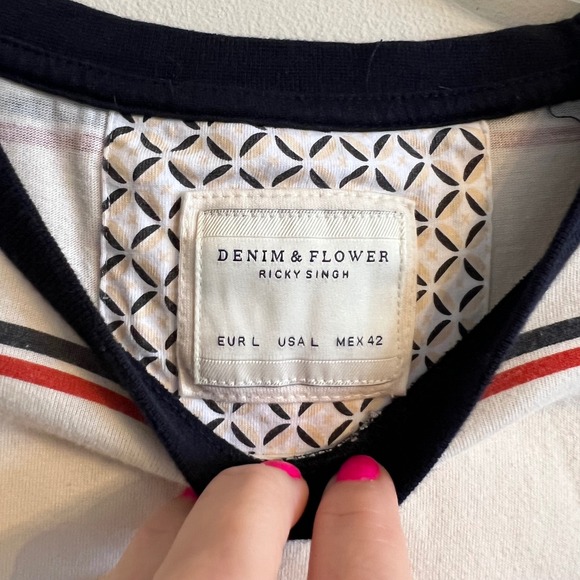 Denim‎ & Flower Striped T-Shirt Short Sleeve Casual Top White Red Black L - Picture 3 of 4